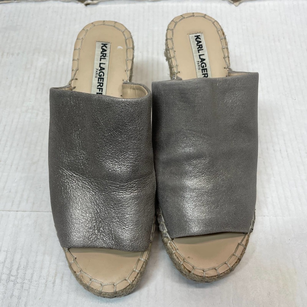 Karl Lagerfeld Paris Carina‎ Silver Metallic Leather Wedge Heels Antique Size 7M